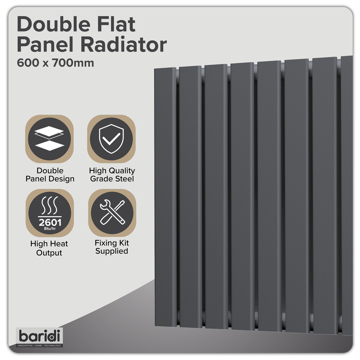 Baridi DH340 Baridi Horizontal Radiator Contemporary Double Flat Panel Design 600 x 700mm – Anthracite