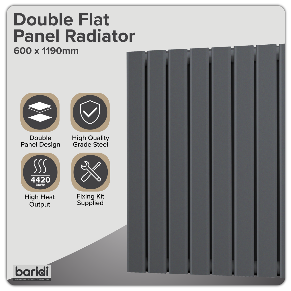 Baridi DH342 Baridi Horizontal Radiator Contemporary Double Flat Panel Design 600 x 1190mm – Anthracite