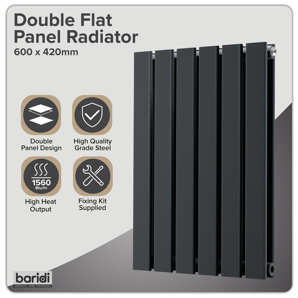 Baridi DH343 Baridi Horizontal Radiator Contemporary Double Flat Panel Design 600 x 420mm – Black