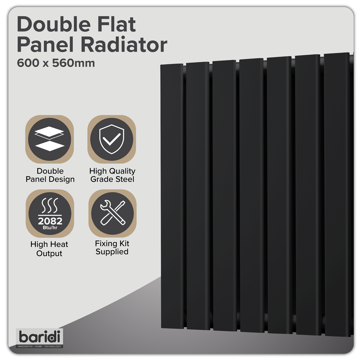 Baridi DH344 Baridi Horizontal Radiator Contemporary Double Flat Panel Design 600 x 560mm – Black