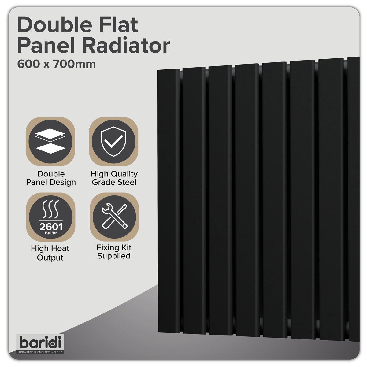 Baridi DH345 Baridi Horizontal Radiator Contemporary Double Flat Panel Design 600 x 700mm – Black