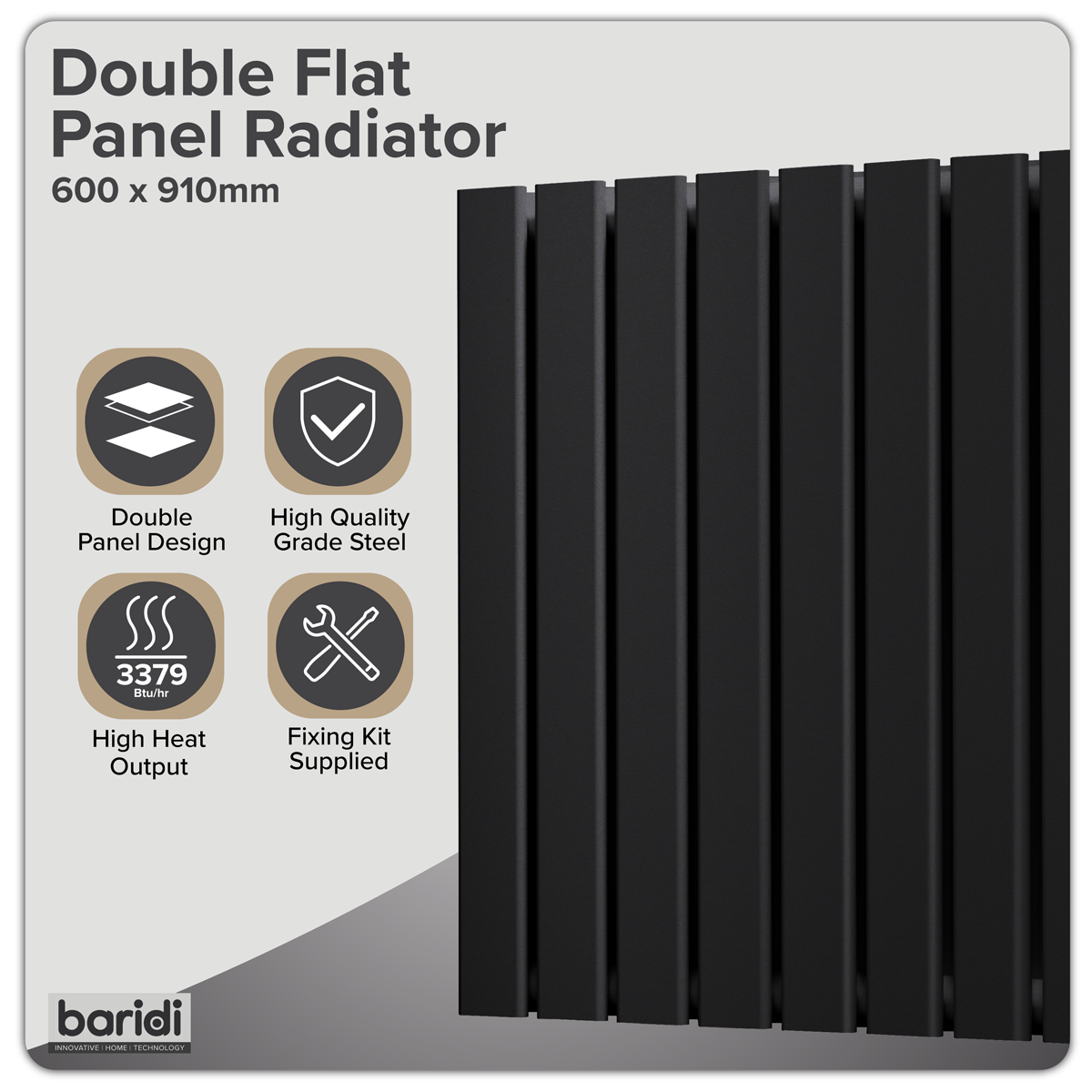 Baridi DH346 Baridi Horizontal Radiator Contemporary Double Flat Panel Design 600 x 910mm – Black