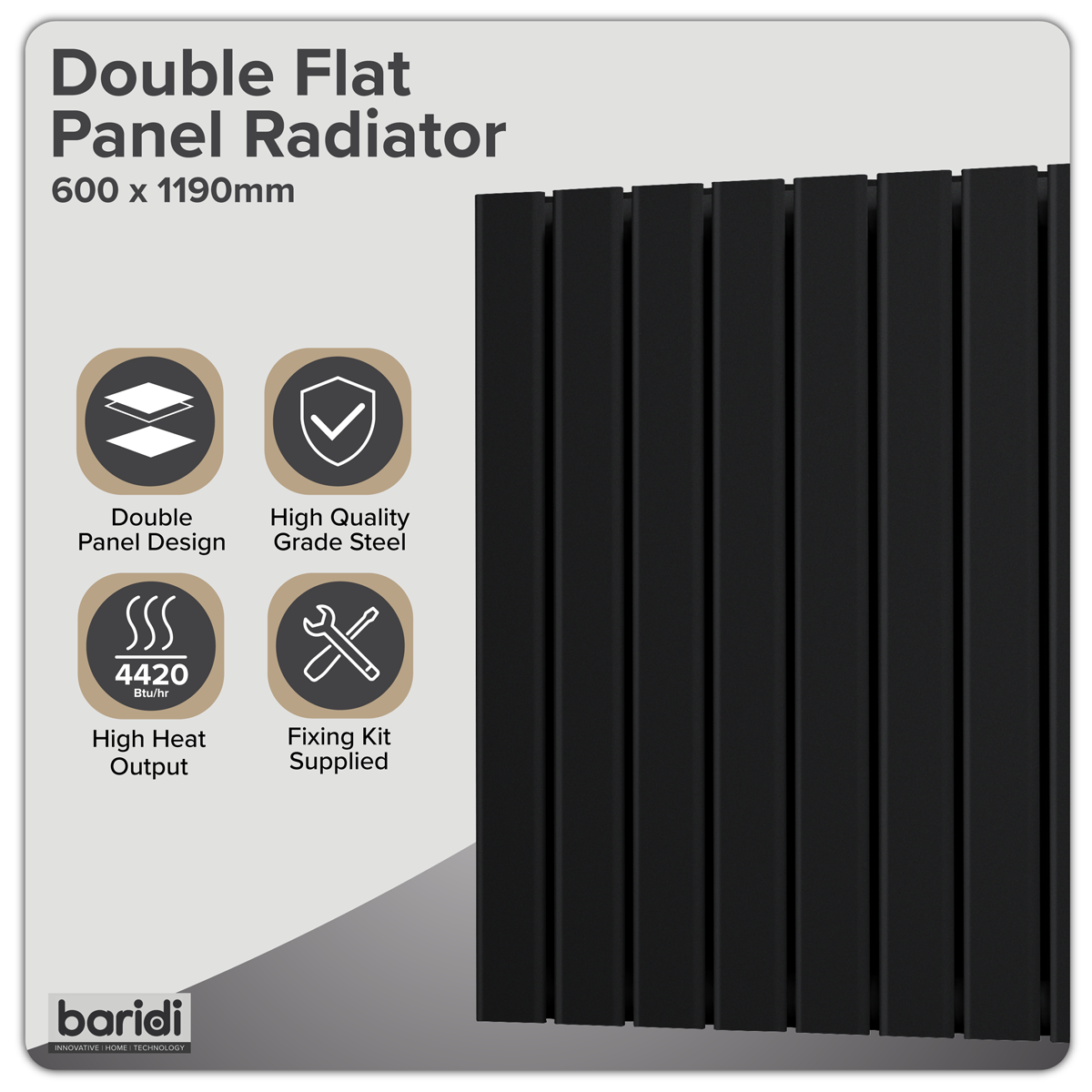 Baridi DH347 Baridi Horizontal Radiator Contemporary Double Flat Panel Design 600 x 1190mm – Black