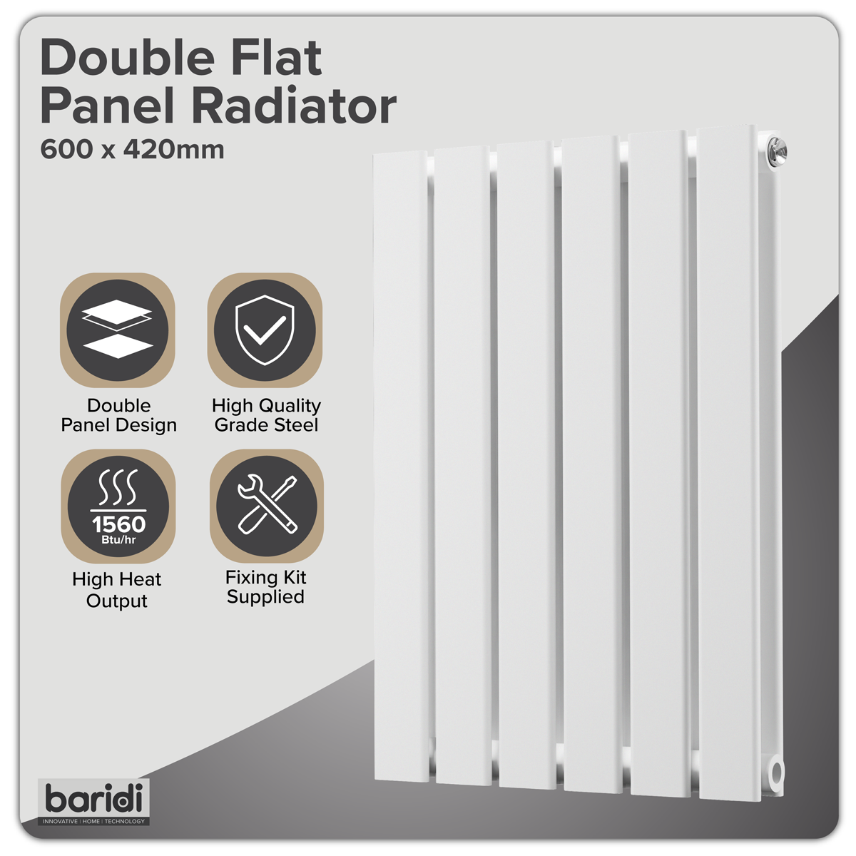 Baridi DH348 Baridi Horizontal Radiator Contemporary Double Flat Panel Design 600 x 420mm – White