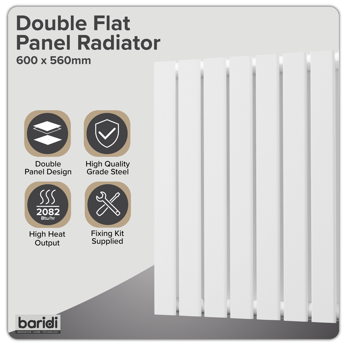 Baridi DH349 Baridi Horizontal Radiator Contemporary Double Flat Panel Design 600 x 560mm – White