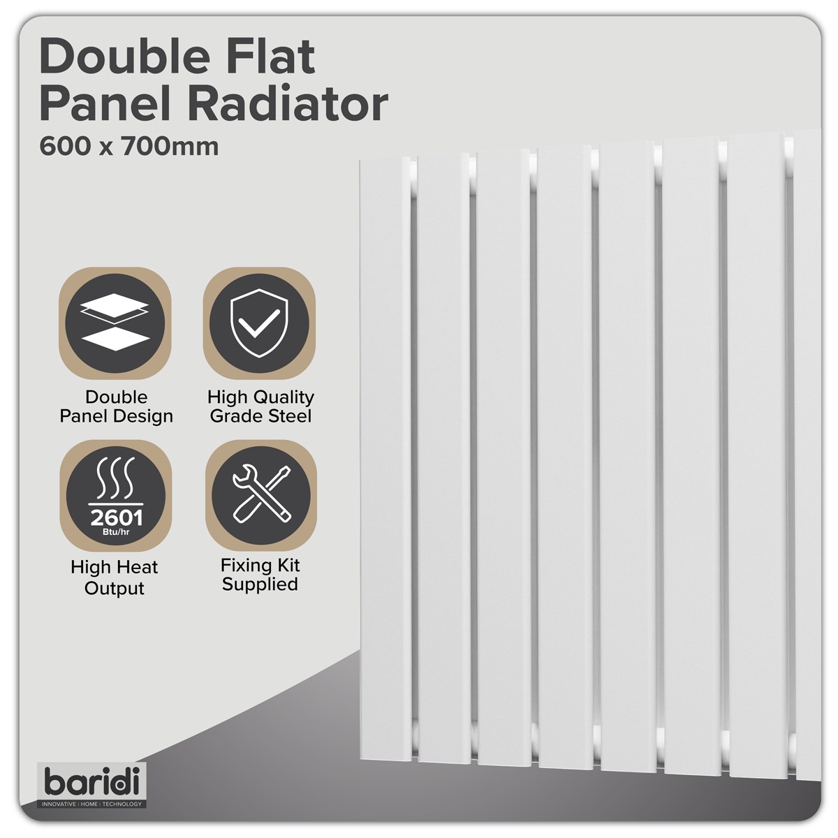 Baridi DH350 Baridi Horizontal Radiator Contemporary Double Flat Panel Design 600 x 700mm - White
