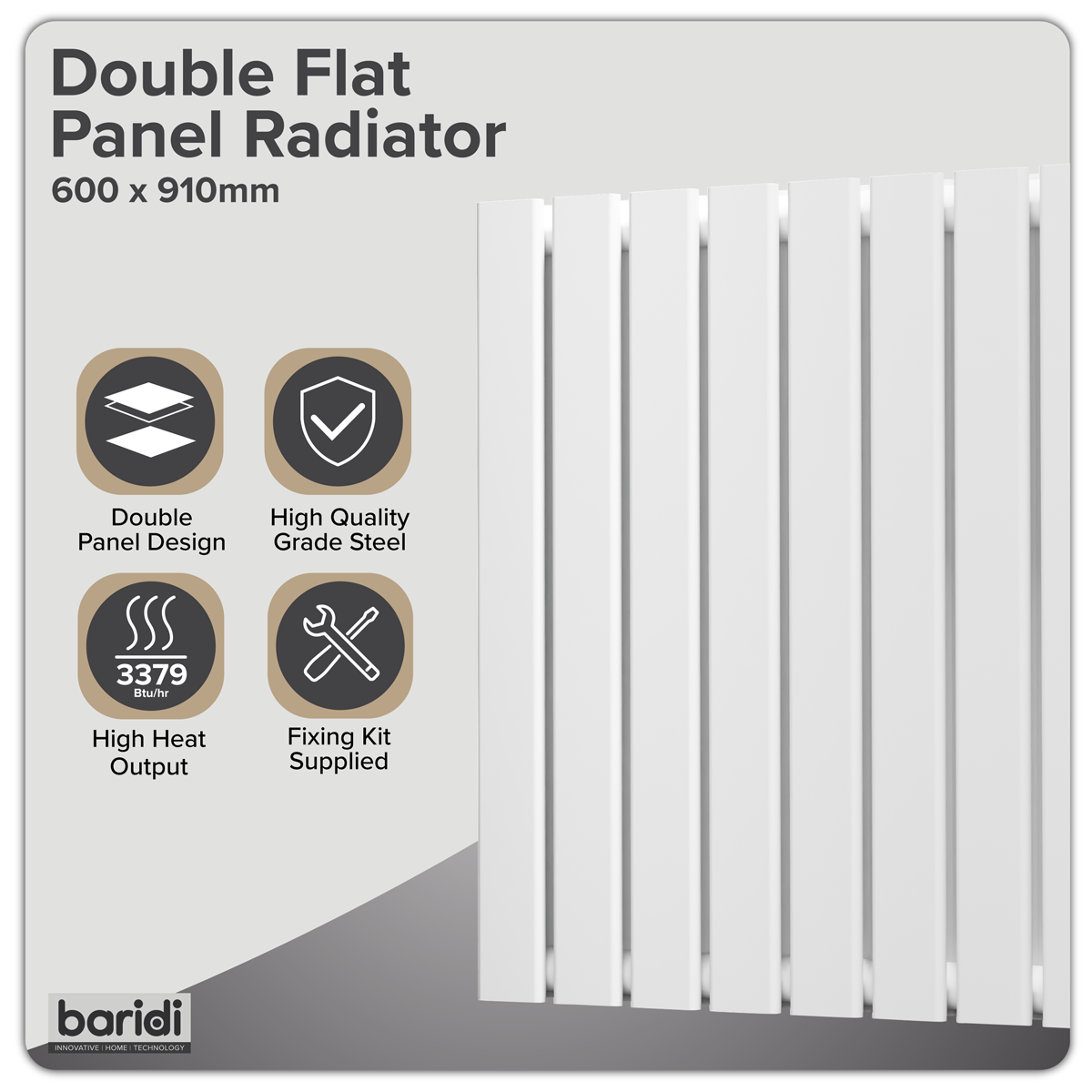 Baridi DH351 Baridi Horizontal Radiator Contemporary Double Flat Panel Design 600 x 910mm – White
