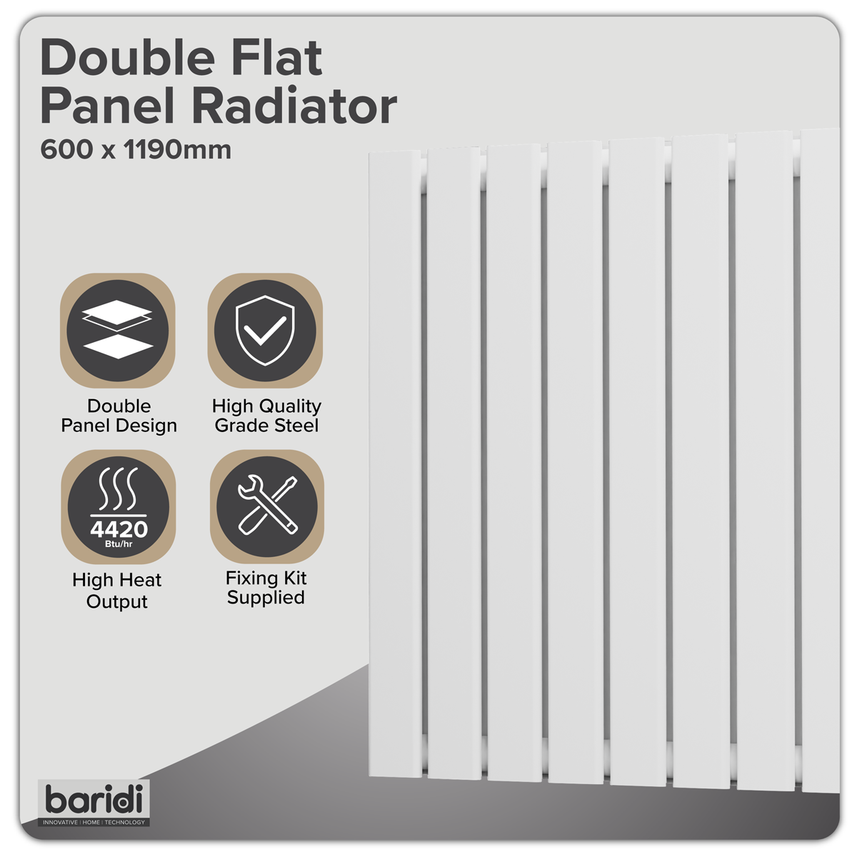 Baridi DH352 Baridi Horizontal Radiator Contemporary Double Flat Panel Design 600 x 1190mm – White
