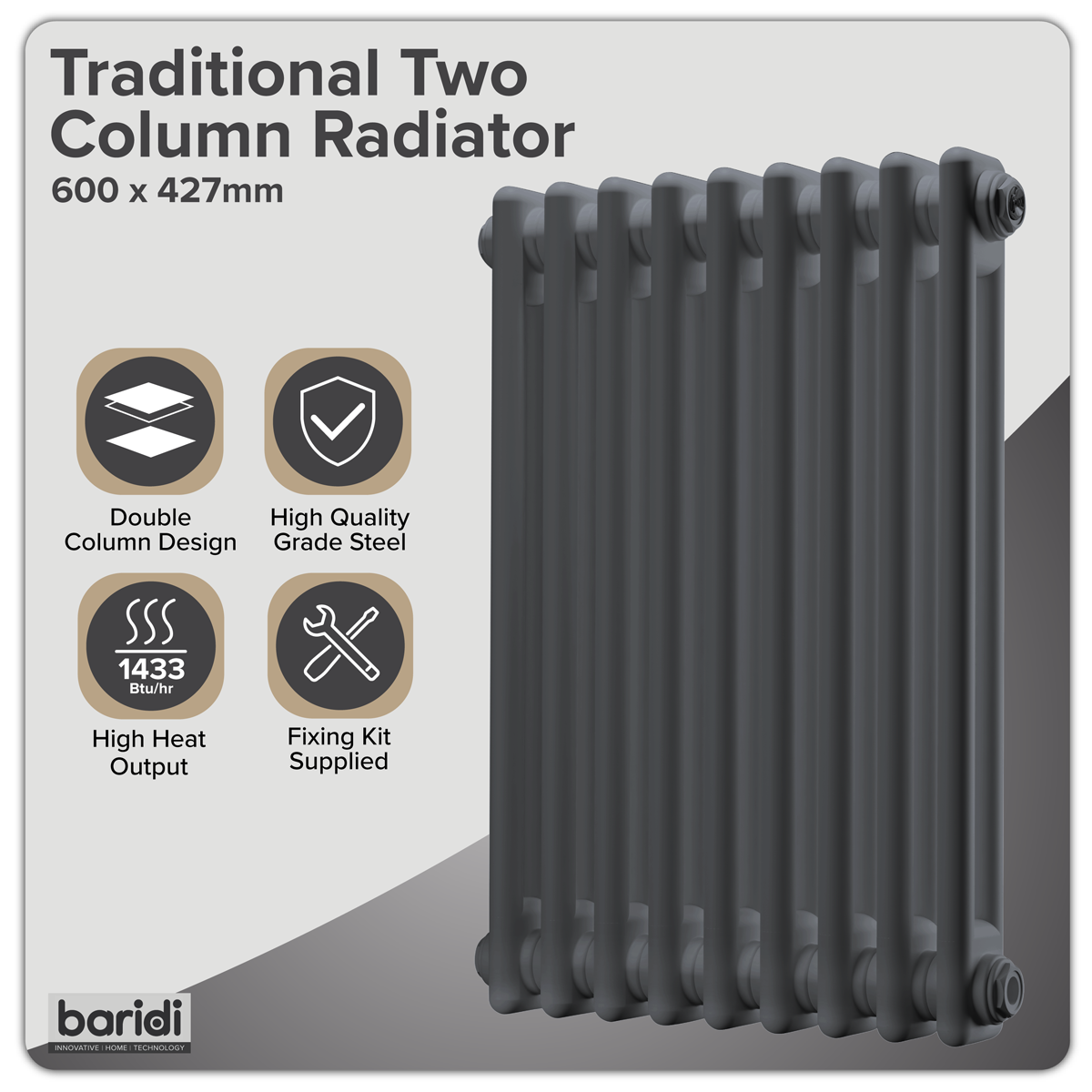 Baridi DH352 Baridi Horizontal Radiator Contemporary Double Flat Panel Design 600 x 1190mm – White
