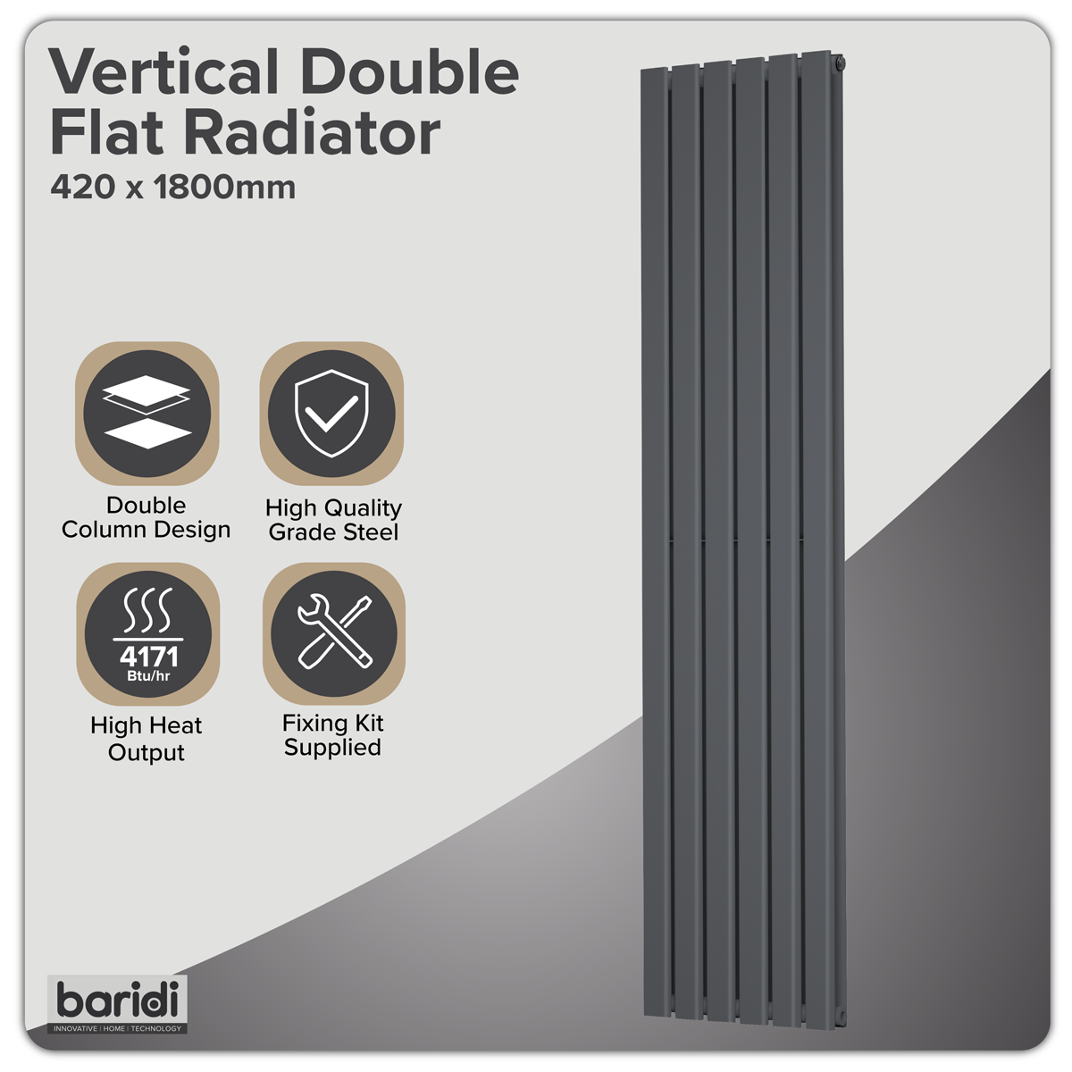 Baridi DH353 Baridi Vertical Radiator Contemporary Double Flat Panel Design 420 x 1800mm – Anthracite