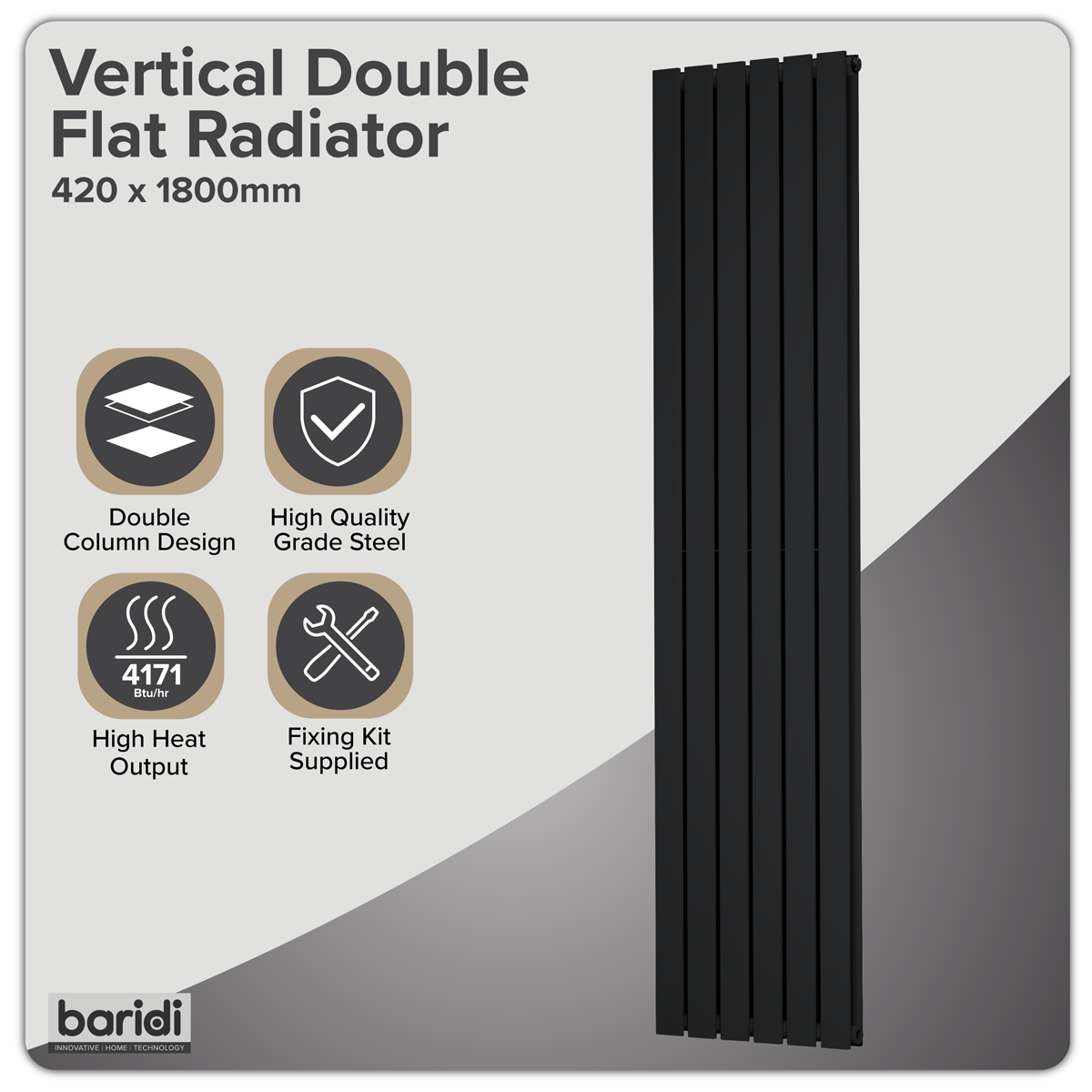 Baridi DH354 Baridi Vertical Radiator Contemporary Double Flat Panel Design 420 x 1800mm – Black