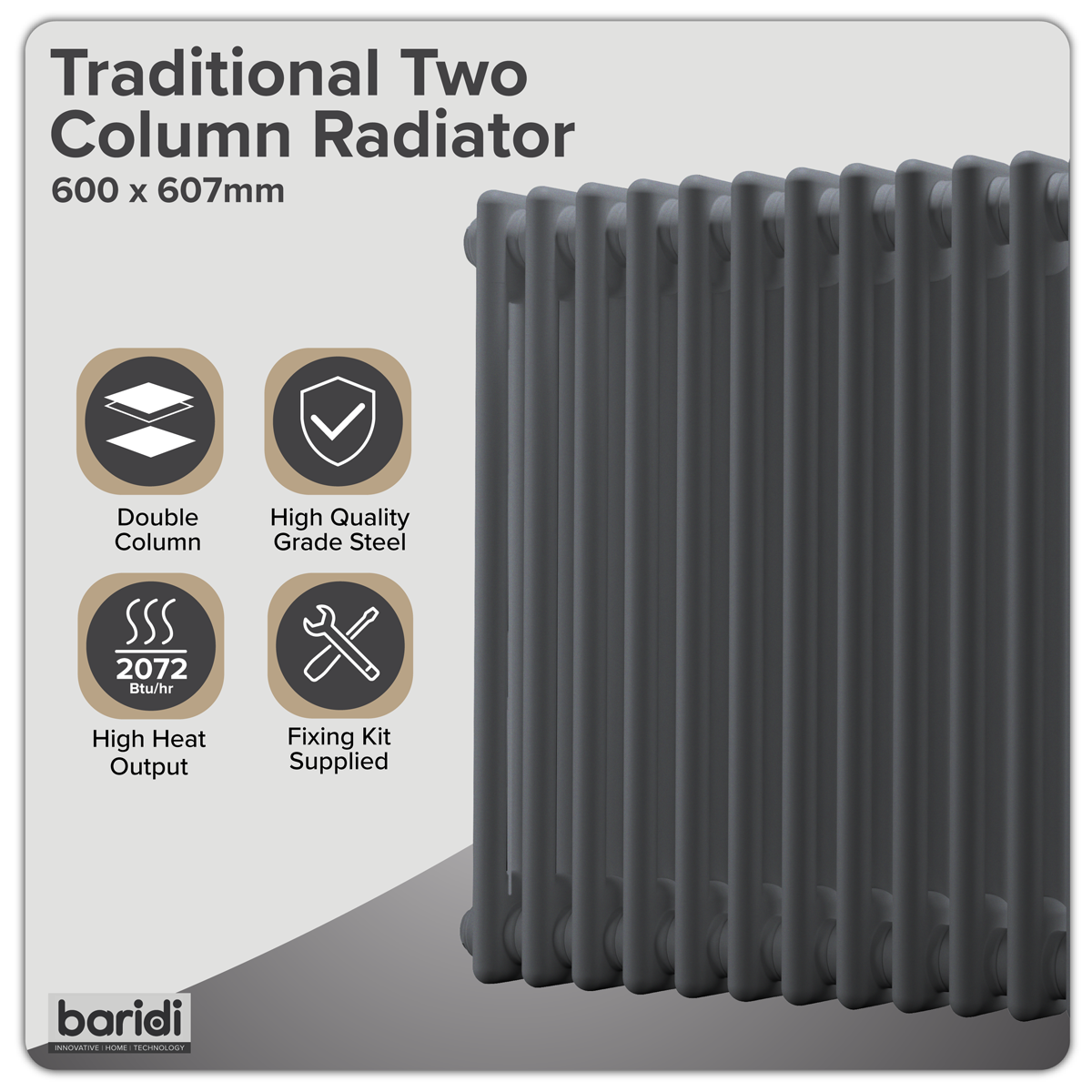 Baridi DH357 Baridi Horizontal Traditional 2 Column Radiator 600 x 607mm – Anthracite