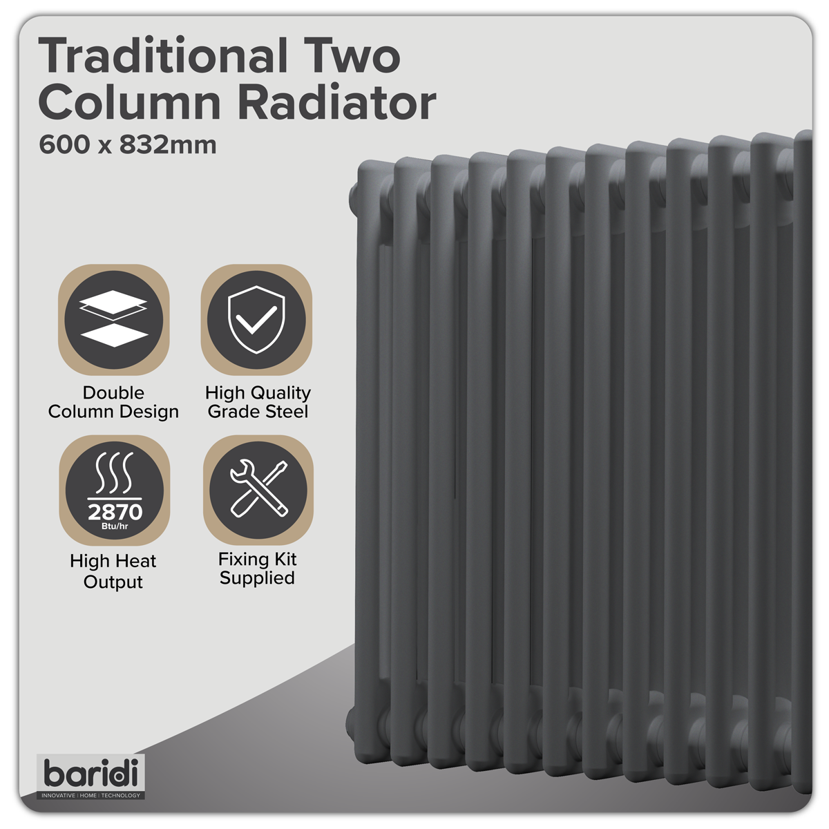 Baridi DH358 Baridi Horizontal Traditional 2 Column Radiator 600 x 832mm – Anthracite