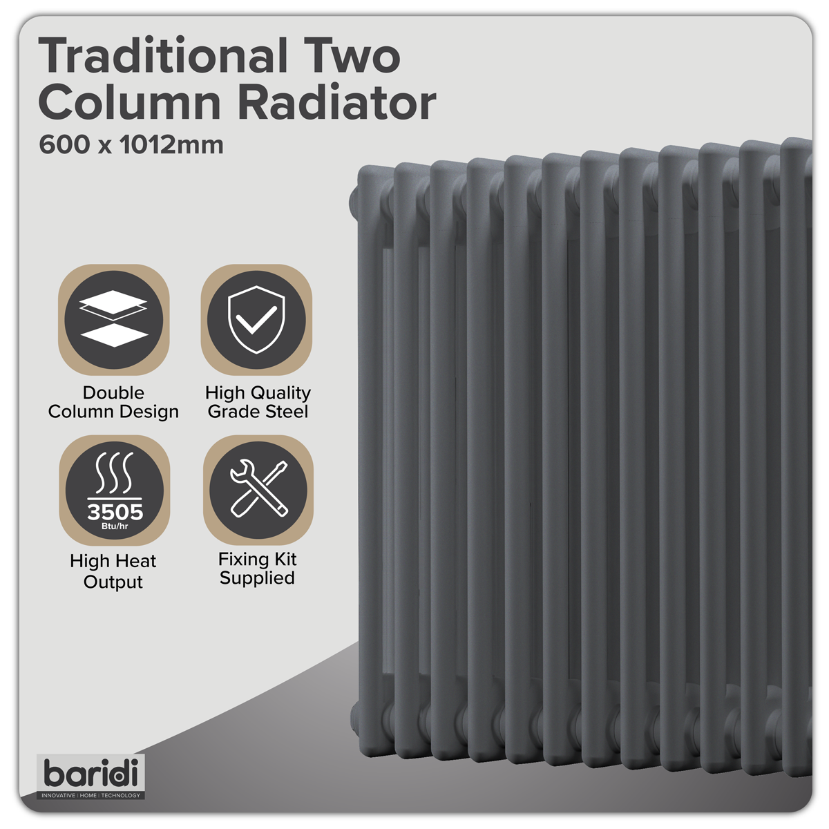 Baridi DH359 Baridi Horizontal Traditional 2 Column Radiator 600 x 1012mm – Anthracite