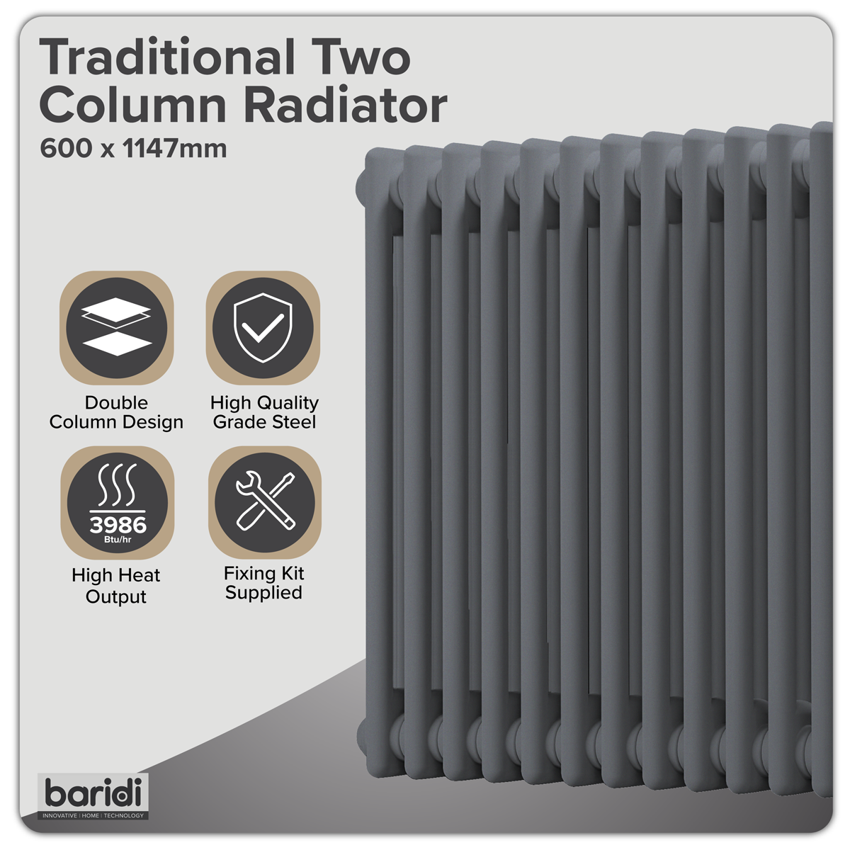 Baridi DH360 Baridi Horizontal Traditional 2 Column Radiator 600 x 1147mm – Anthracite