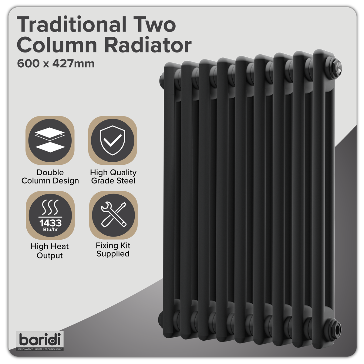 Baridi DH361 Baridi Horizontal Traditional 2 Column Radiator 600 x 427mm – Black