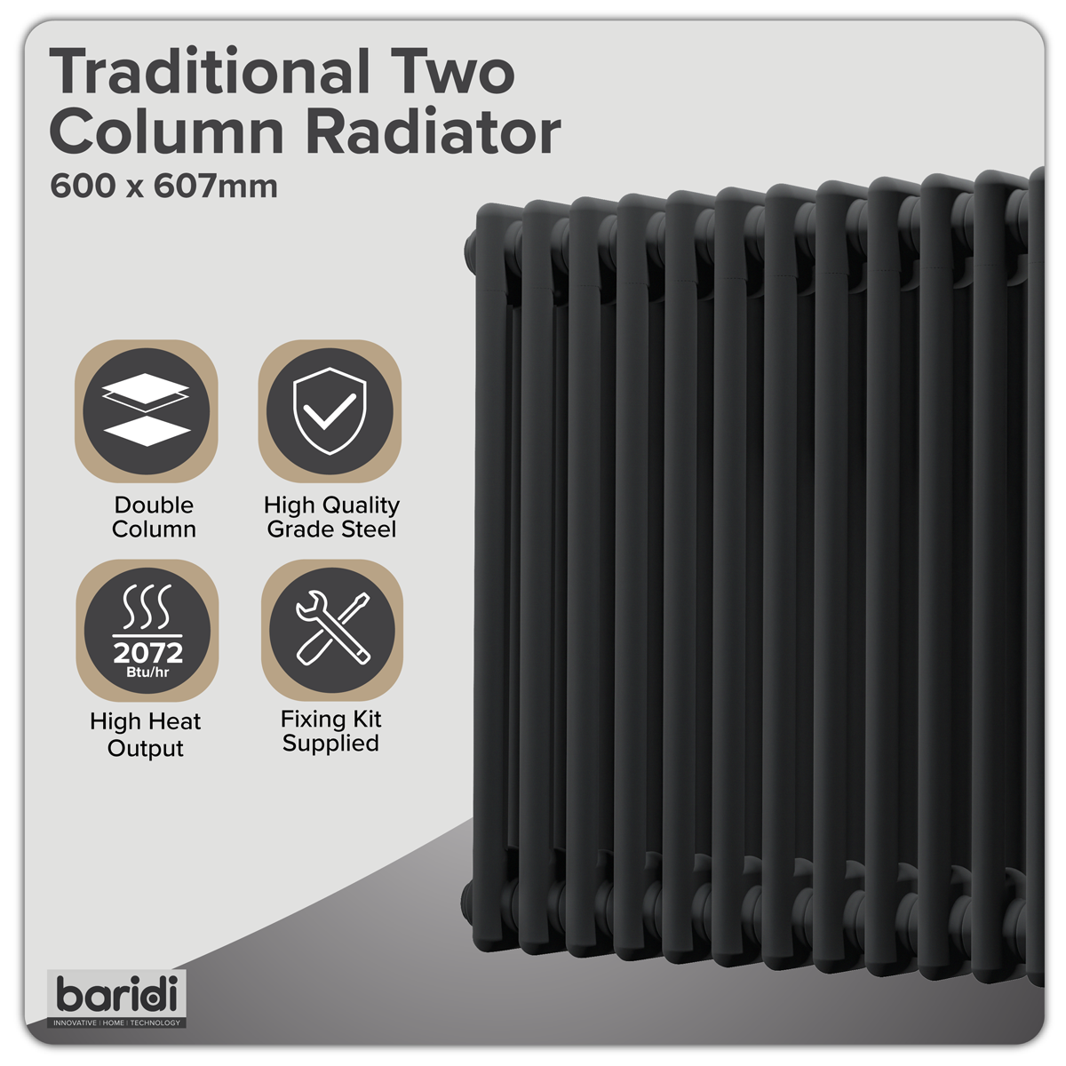Baridi DH362 Baridi Horizontal Traditional 2 Column Radiator 600 x 607mm – Black