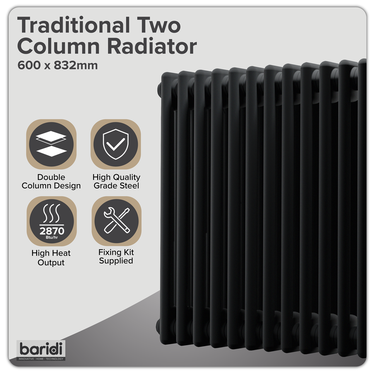 Baridi DH363 Baridi Horizontal Traditional 2 Column Radiator 600 x 832mm – Black