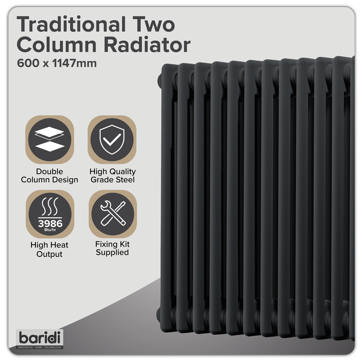 Baridi DH365 Baridi Horizontal Traditional 2 Column Radiator 600 x 1147mm – Black