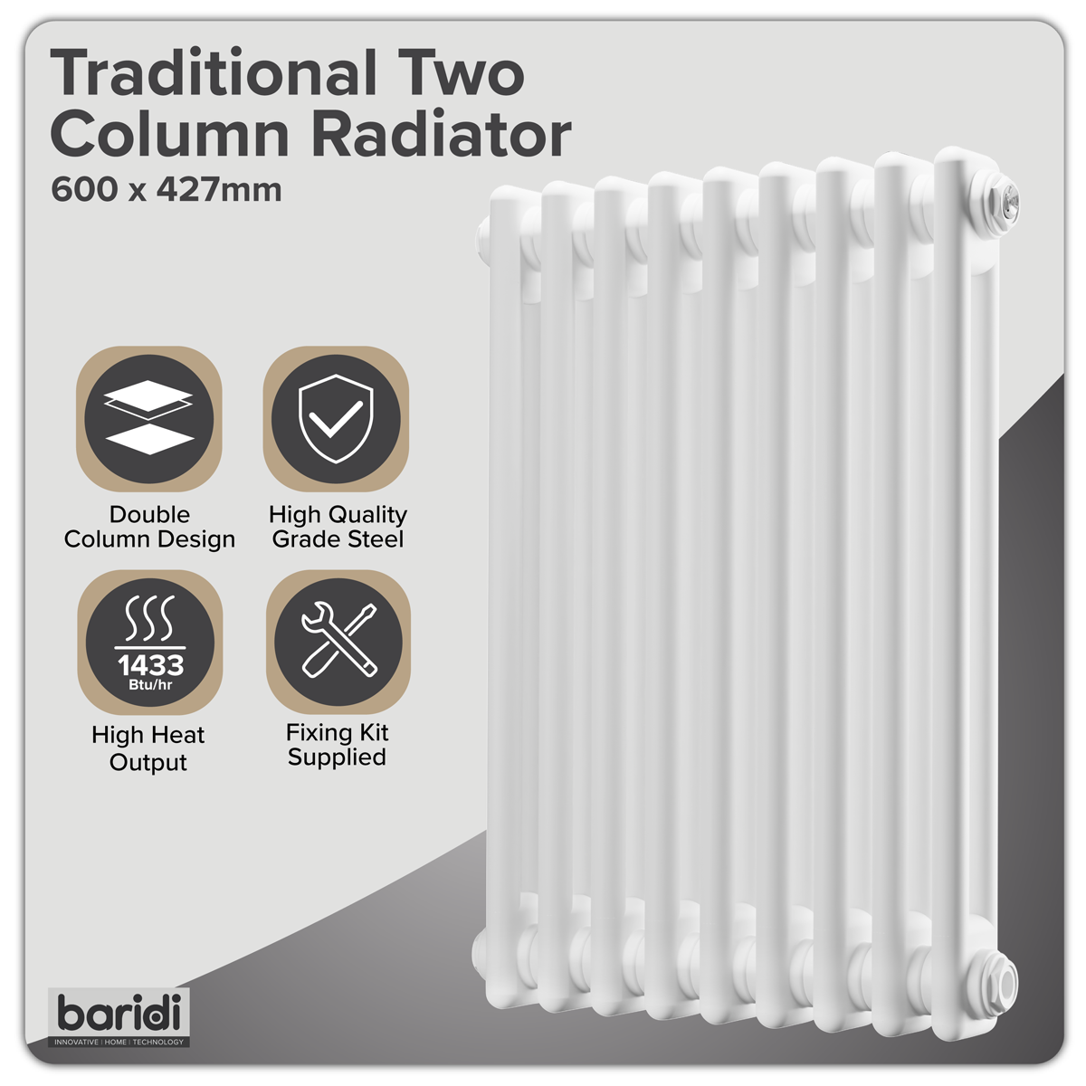 Baridi DH366 Baridi Horizontal Traditional 2 Column Radiator 600 x 427mm – White