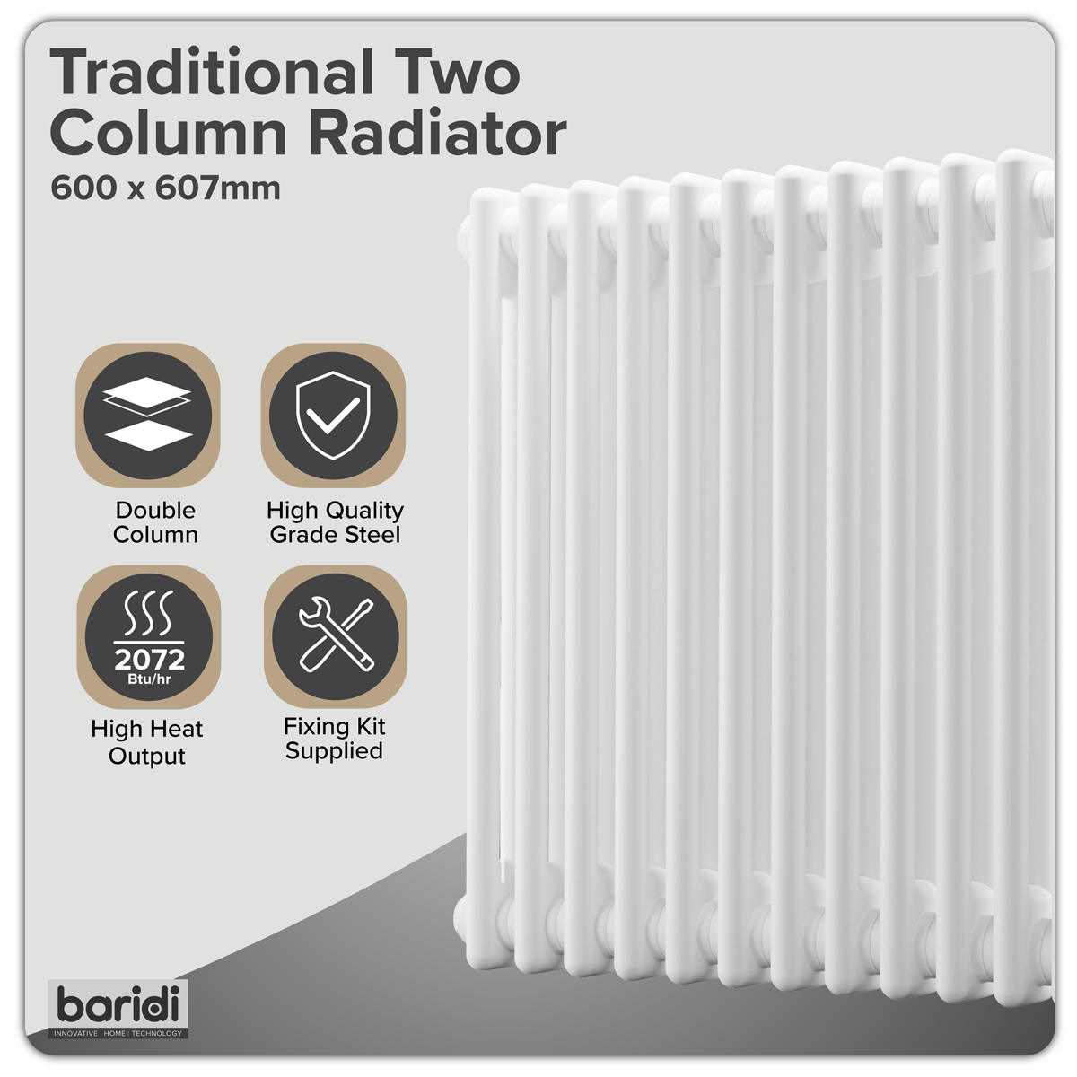 Baridi DH367 Baridi Horizontal Traditional 2 Column Radiator 600 x 607mm – White