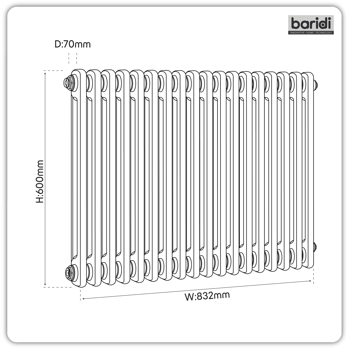 Baridi DH368 Baridi Horizontal Traditional 2 Column Radiator 600 x 832mm – White