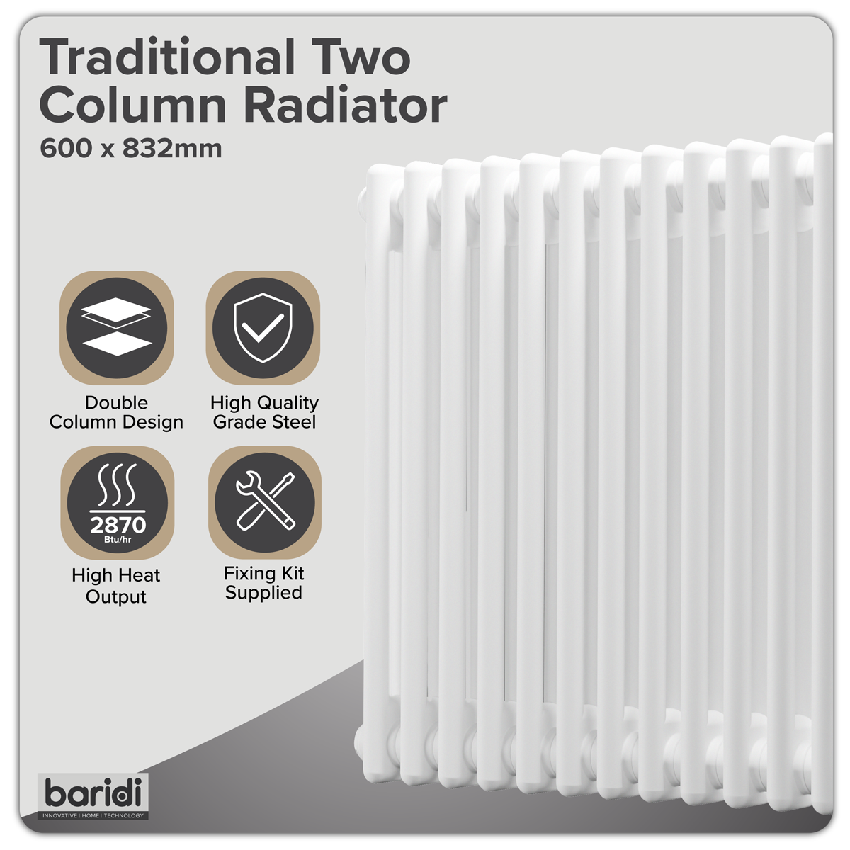 Baridi DH368 Baridi Horizontal Traditional 2 Column Radiator 600 x 832mm – White