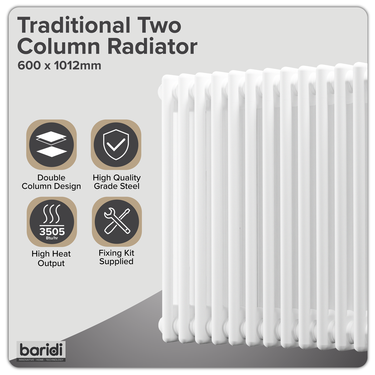 Baridi DH369 Baridi Horizontal Traditional 2 Column Radiator 600 x 1012mm – White