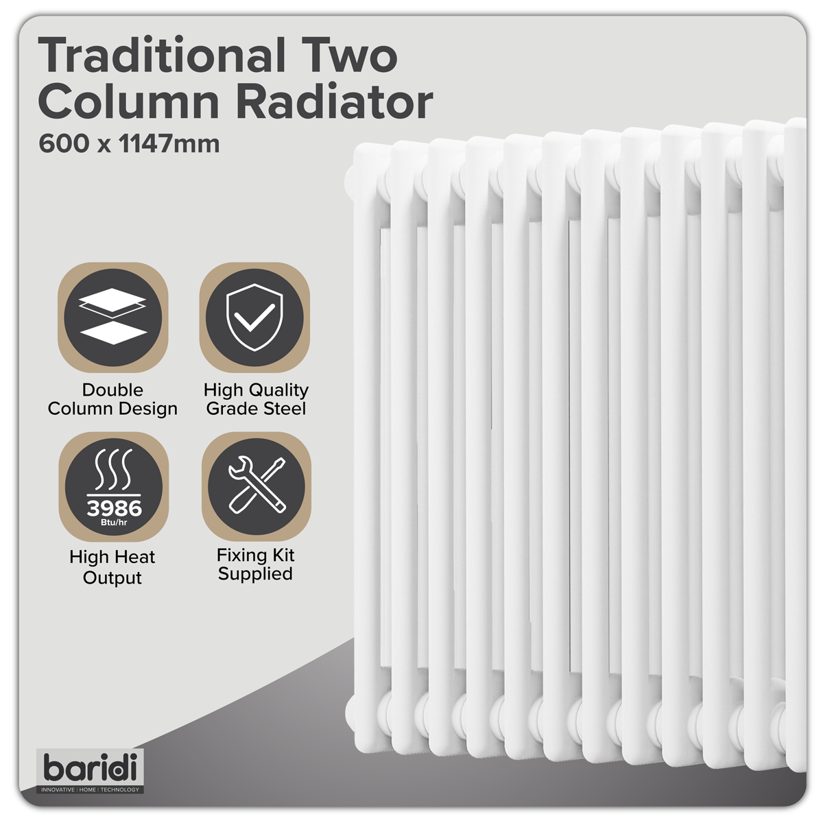 Baridi DH370 Baridi Horizontal Traditional 2 Column Radiator 600 x 1147mm – White