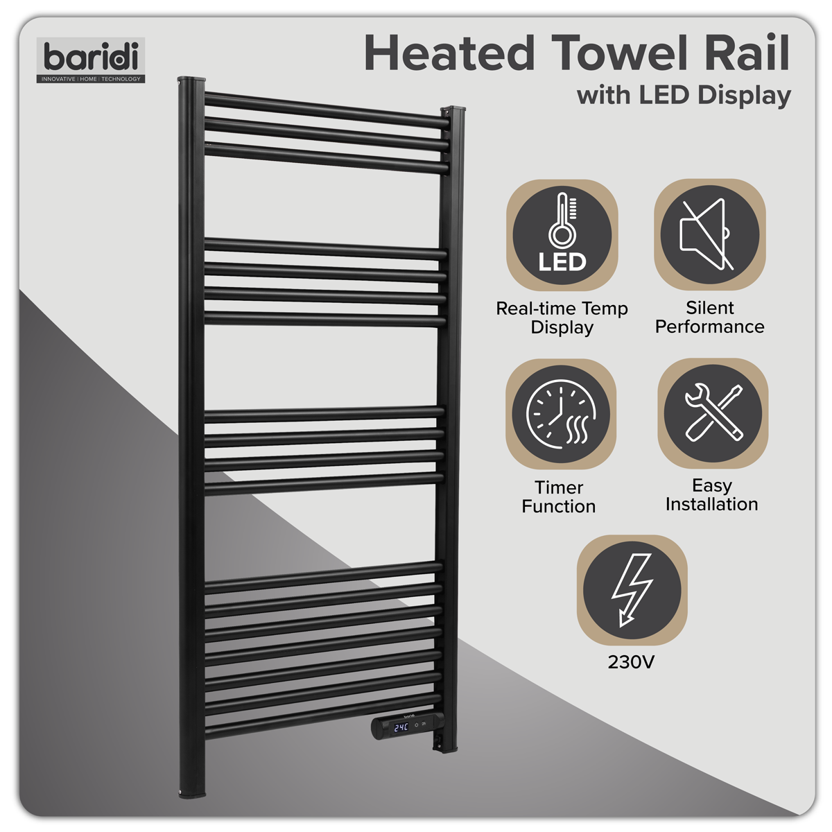 Baridi DH371 Baridi Electric Heated Towel Rail 1085 x 535mm with LED Display – Black