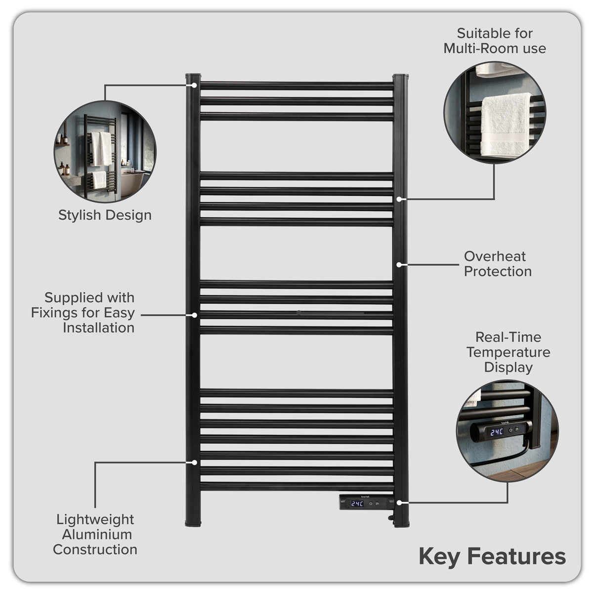 Baridi DH371 Baridi Electric Heated Towel Rail 1085 x 535mm with LED Display – Black