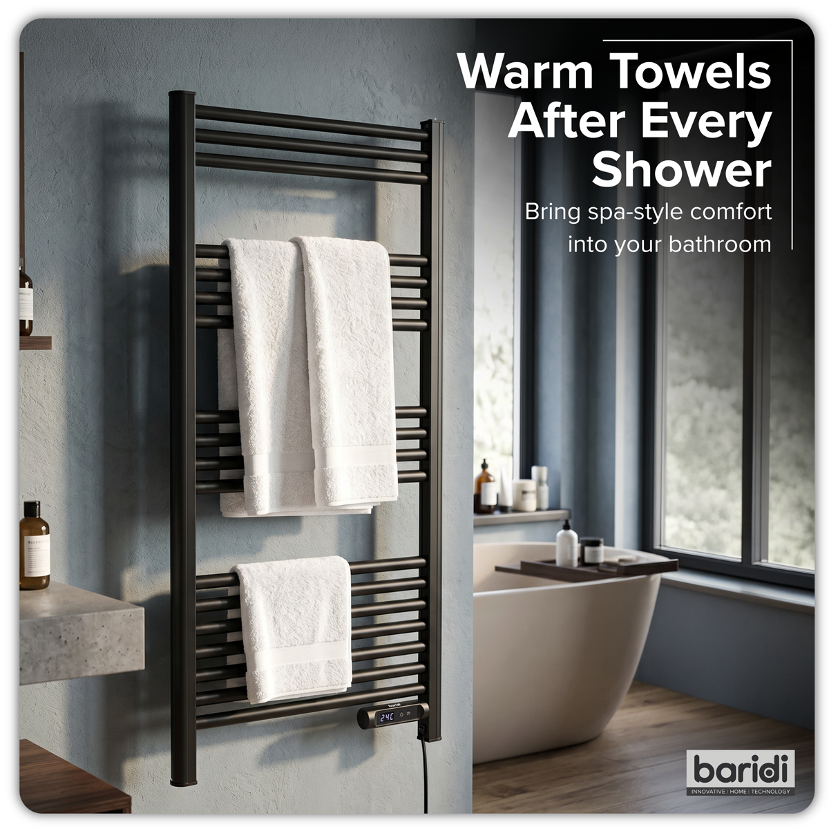 Baridi DH371 Baridi Electric Heated Towel Rail 1085 x 535mm with LED Display – Black