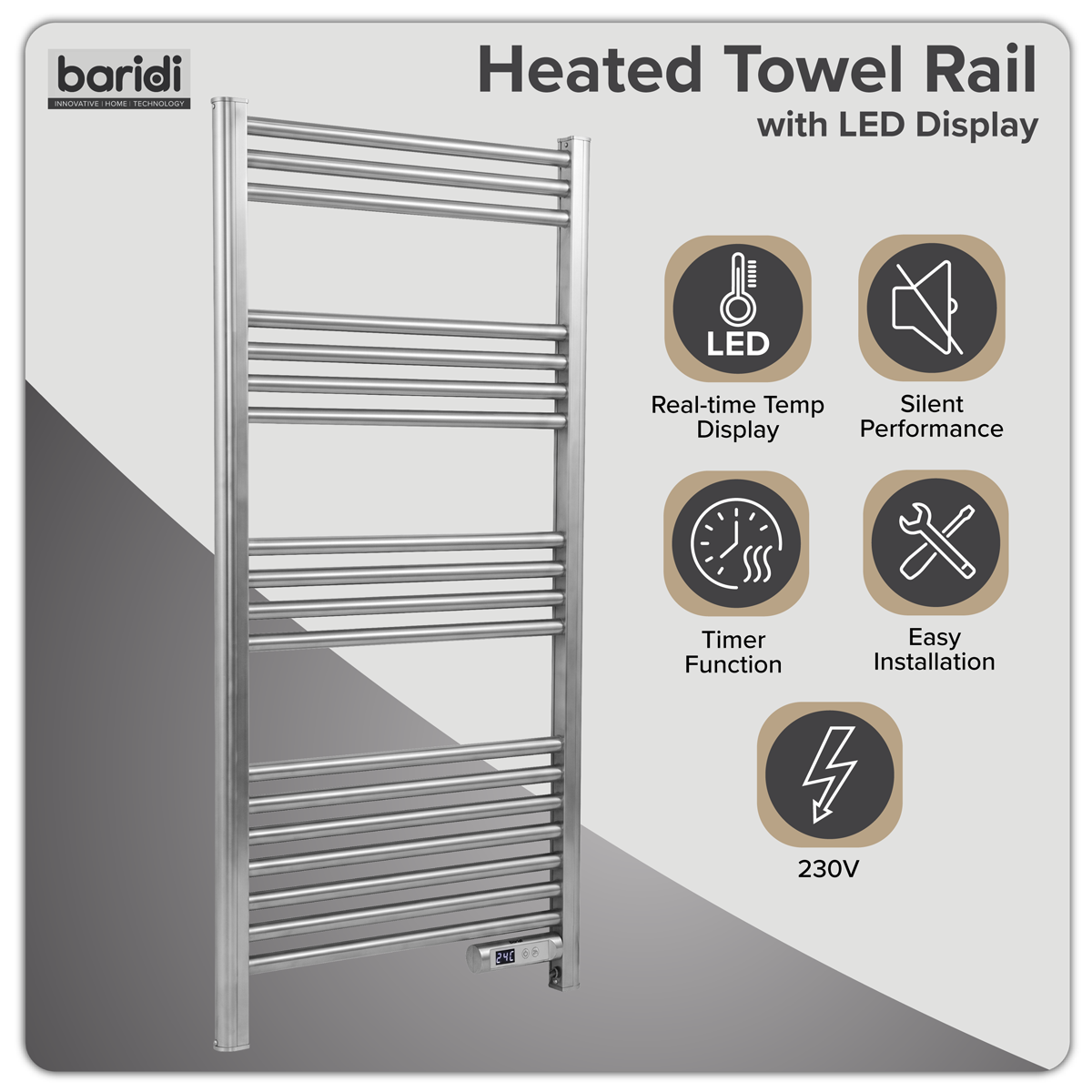 Baridi DH372 Baridi Electric Heated Towel Rail 1085 x 535mm with LED Display – Silver