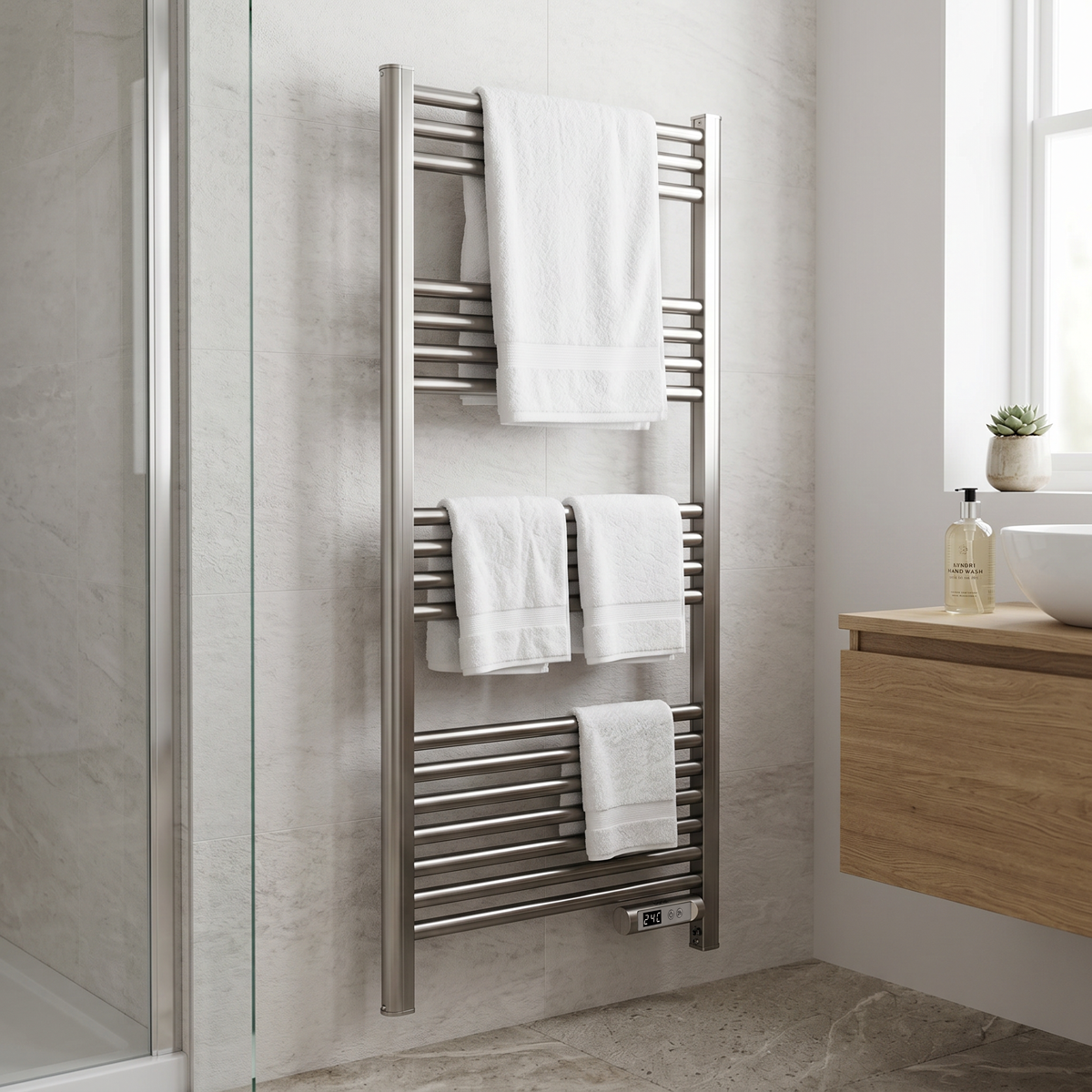 Baridi DH372 Baridi Electric Heated Towel Rail 1085 x 535mm with LED Display – Silver