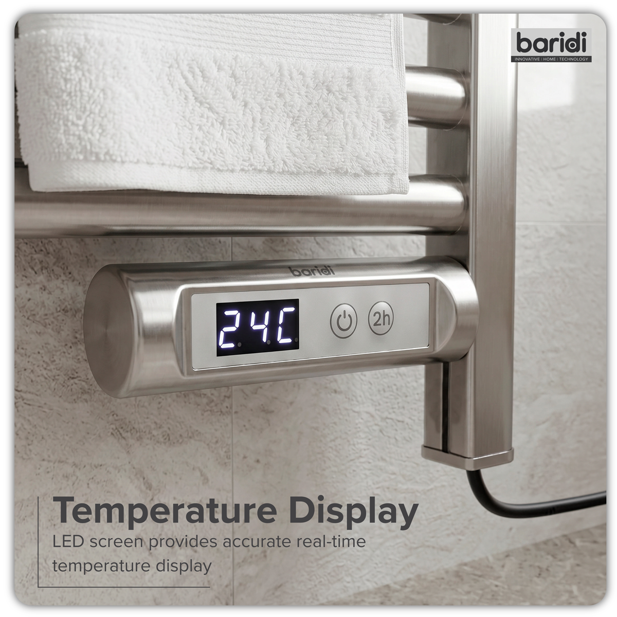Baridi DH372 Baridi Electric Heated Towel Rail 1085 x 535mm with LED Display – Silver