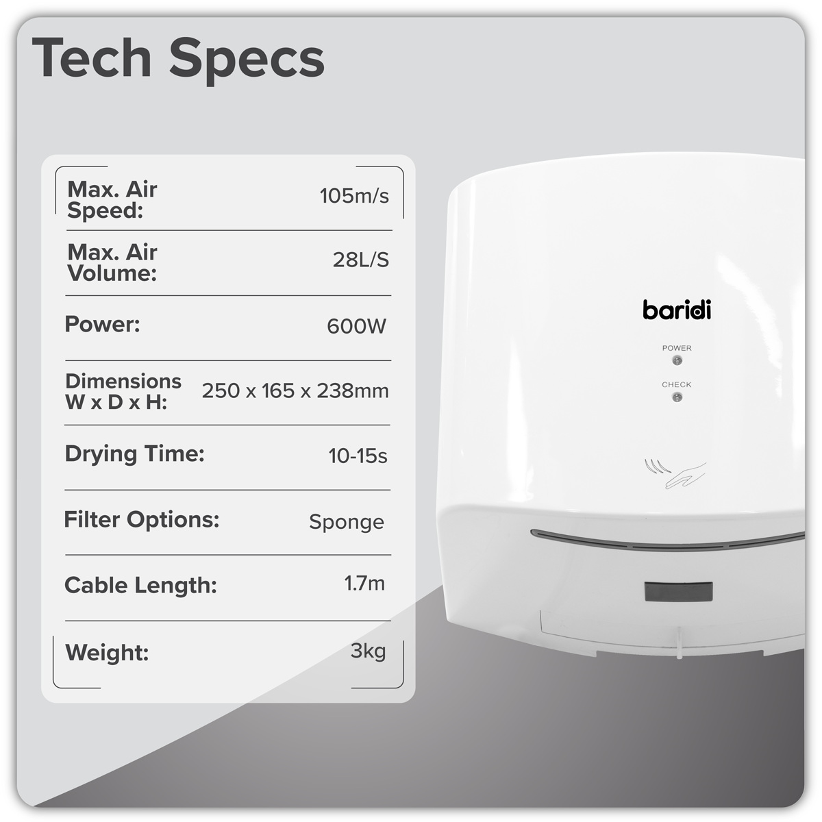 Baridi DH378 Baridi High Speed Hand Dryer with Auto Sensor 1400-1650W - White