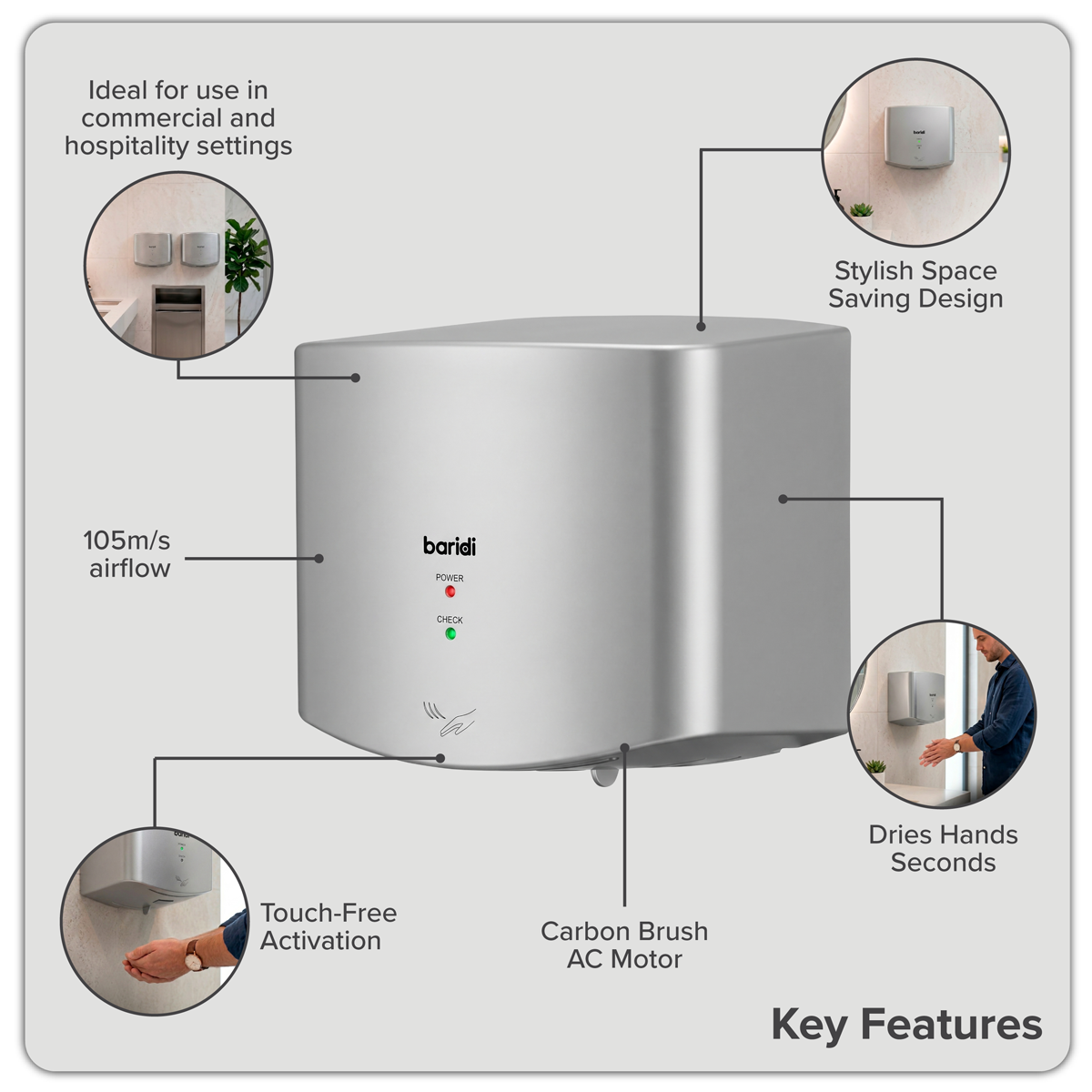 Baridi DH379 Baridi High Speed Hand Dryer with Auto-Sensor 1400-1650W - Silver