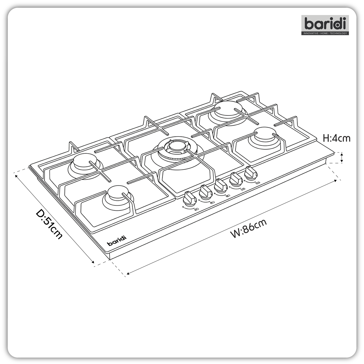 Baridi DH382 Baridi 90cm Gas Hob Stainless Steel with 5 Burners, Cast Iron Supports & Auto Ignition 11kW