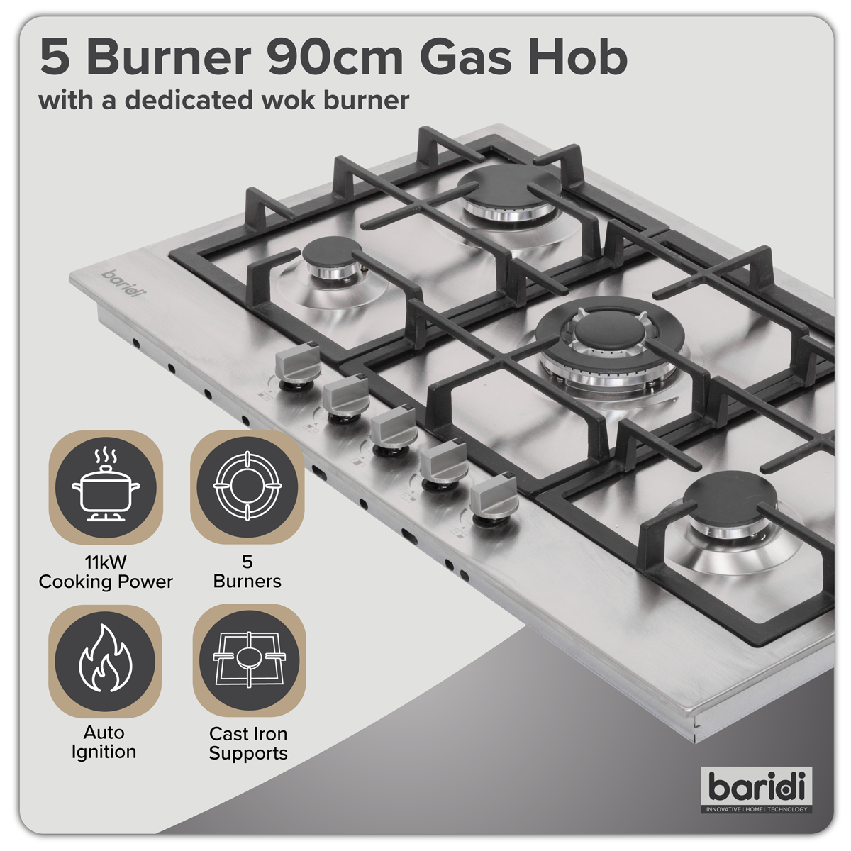 Baridi DH382 Baridi 90cm Gas Hob Stainless Steel with 5 Burners, Cast Iron Supports & Auto Ignition 11kW
