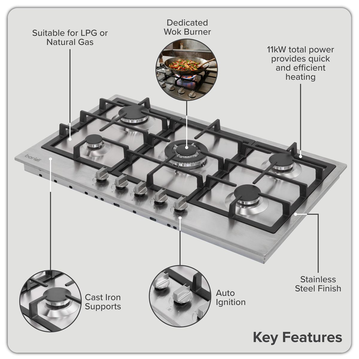 Baridi DH382 Baridi 90cm Gas Hob Stainless Steel with 5 Burners, Cast Iron Supports & Auto Ignition 11kW