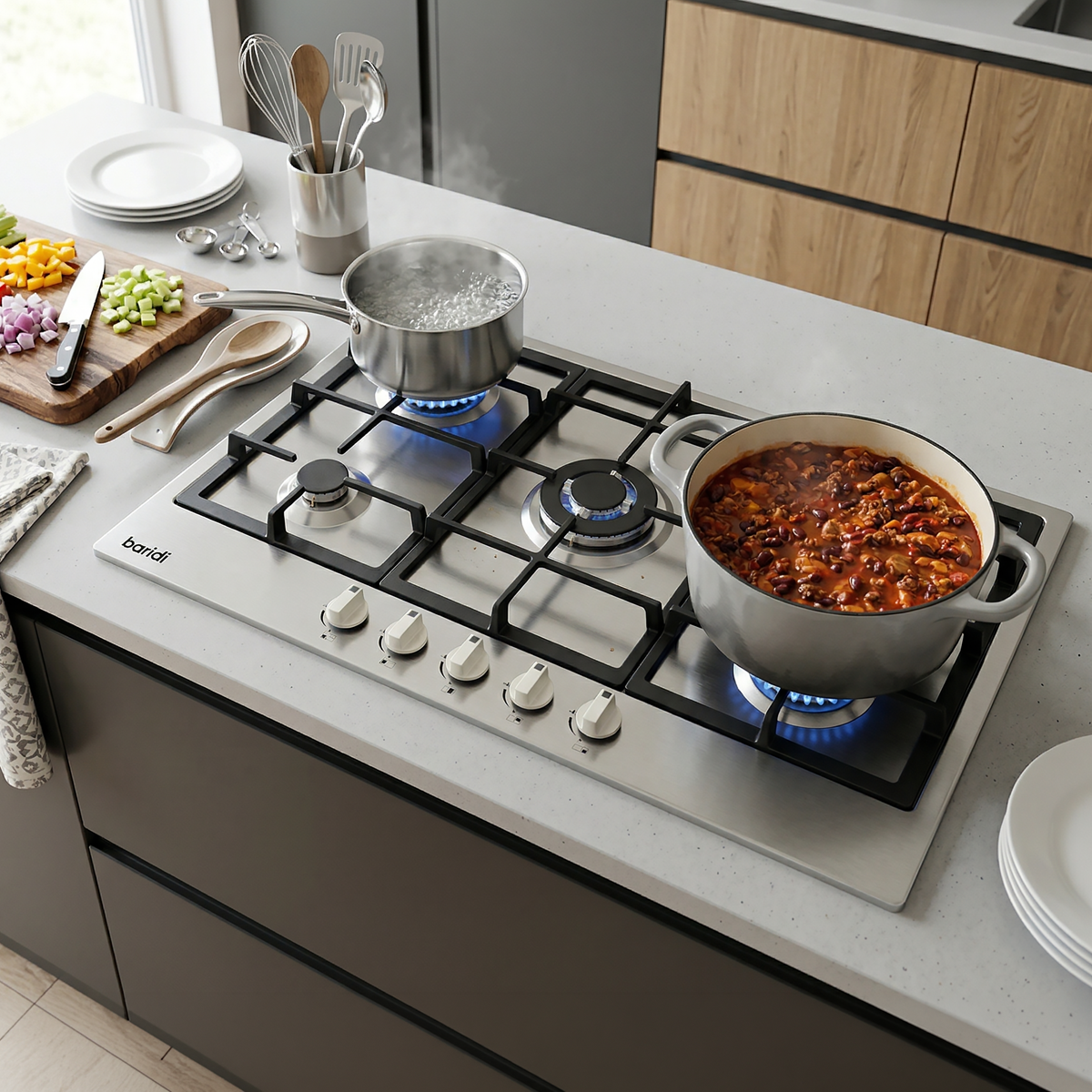 Baridi DH382 Baridi 90cm Gas Hob Stainless Steel with 5 Burners, Cast Iron Supports & Auto Ignition 11kW