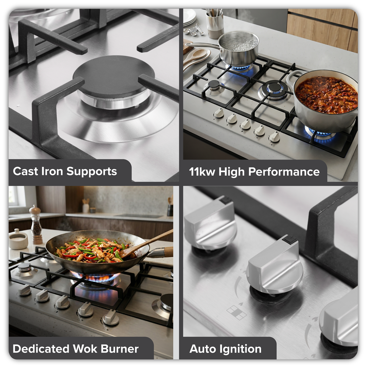 Baridi DH382 Baridi 90cm Gas Hob Stainless Steel with 5 Burners, Cast Iron Supports & Auto Ignition 11kW