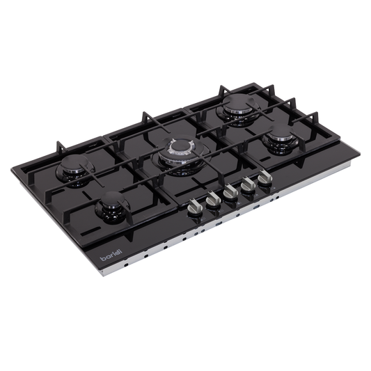 Baridi DH383 Baridi 90cm Gas Hob Black Glass with 5 Burners, Cast Iron Supports & Auto Ignition 11kW