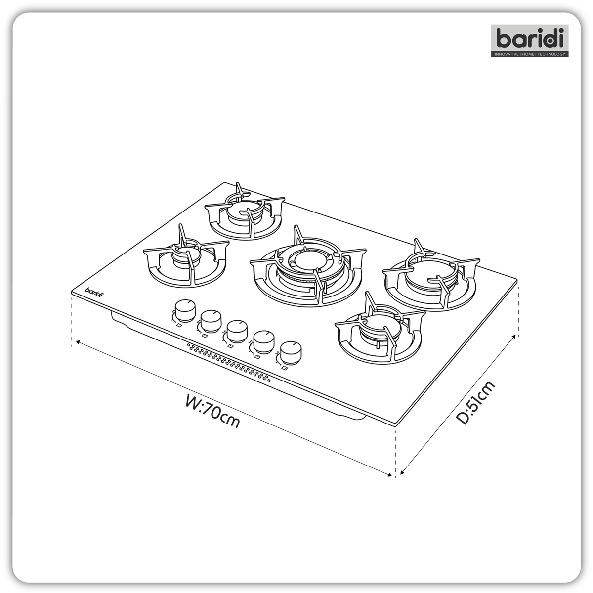 Baridi DH384 Baridi 70cm Gas Hob Matt Black with 5 Burners, Cast Iron Supports & Auto Ignition 10.4kW