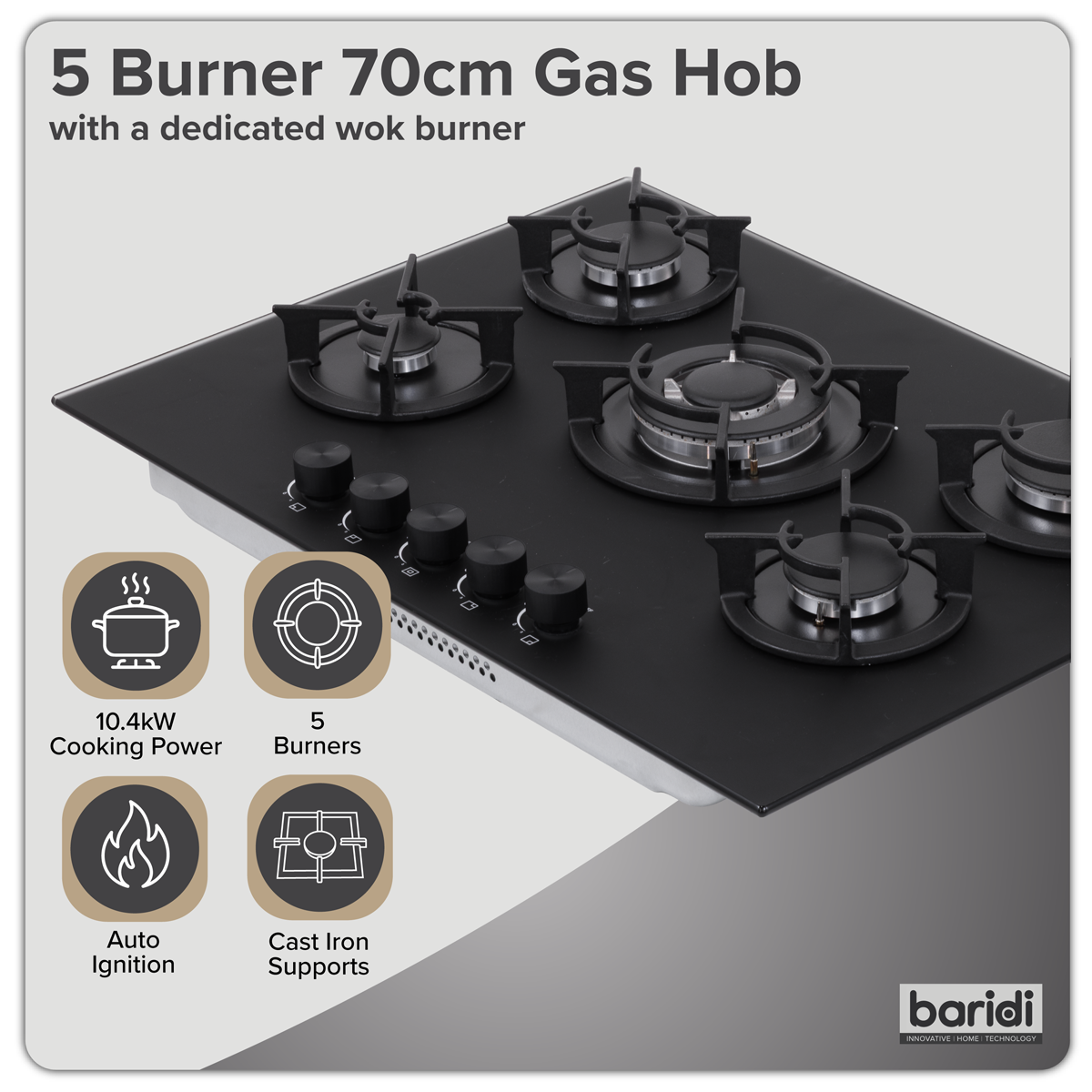 Baridi DH384 Baridi 70cm Gas Hob Matt Black with 5 Burners, Cast Iron Supports & Auto Ignition 10.4kW