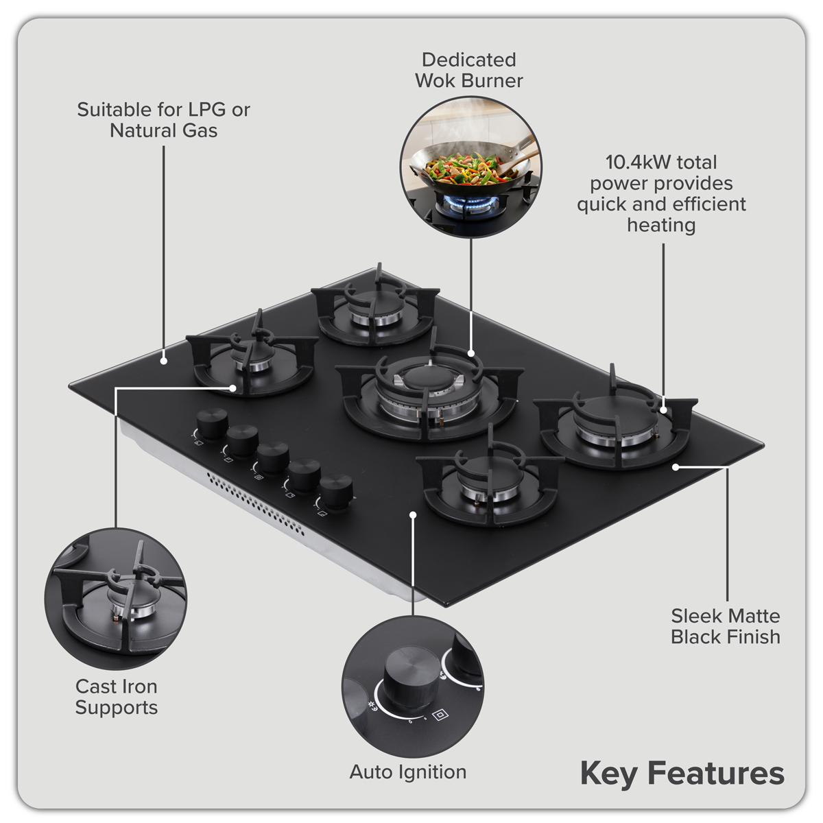 Baridi DH384 Baridi 70cm Gas Hob Matt Black with 5 Burners, Cast Iron Supports & Auto Ignition 10.4kW