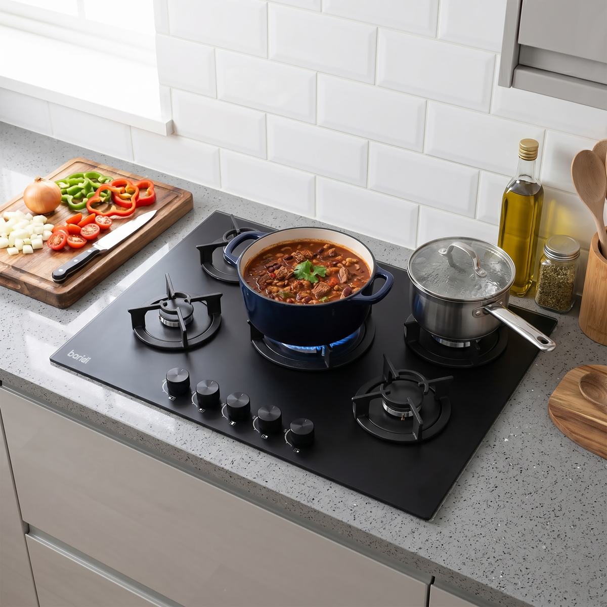 Baridi DH384 Baridi 70cm Gas Hob Matt Black with 5 Burners, Cast Iron Supports & Auto Ignition 10.4kW