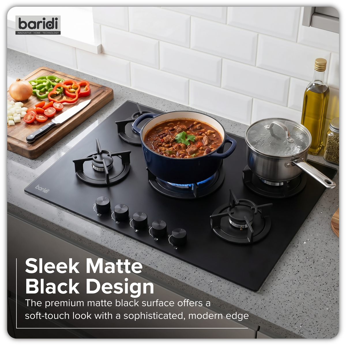 Baridi DH384 Baridi 70cm Gas Hob Matt Black with 5 Burners, Cast Iron Supports & Auto Ignition 10.4kW