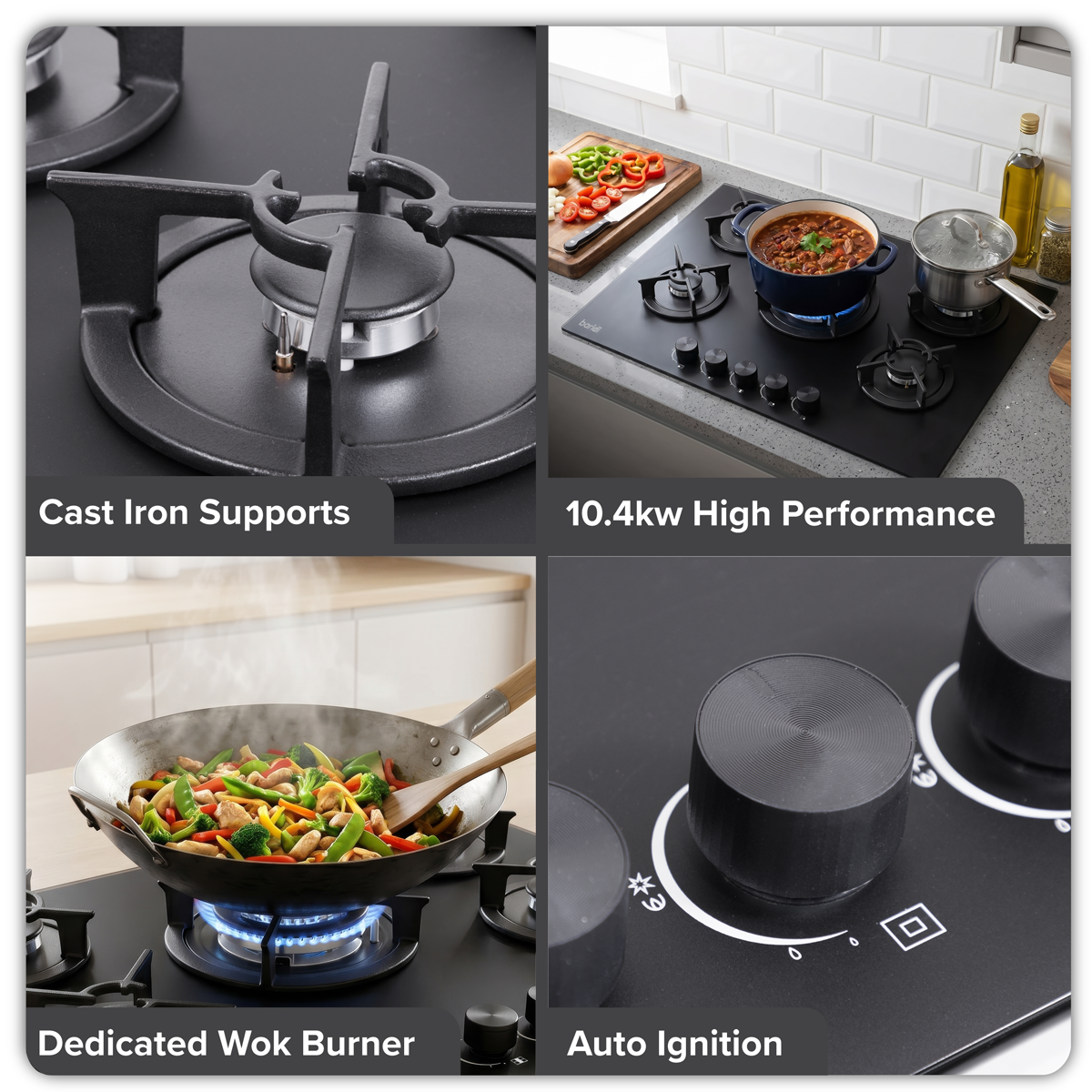 Baridi DH384 Baridi 70cm Gas Hob Matt Black with 5 Burners, Cast Iron Supports & Auto Ignition 10.4kW