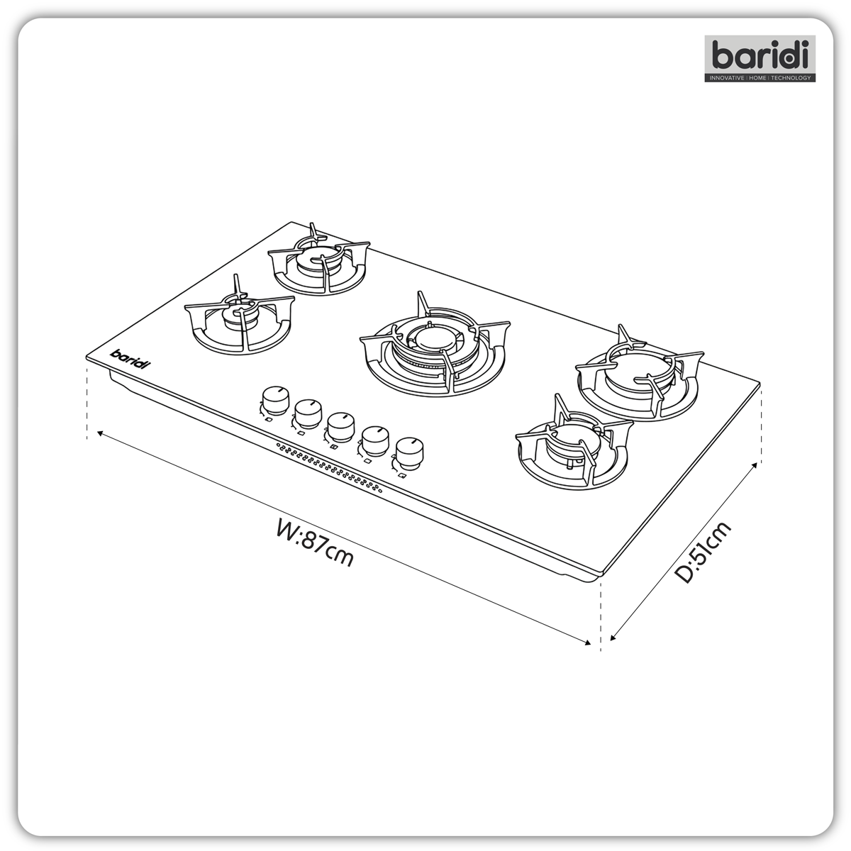 Baridi DH385 Baridi 90cm Gas Hob Matt Black 5 Burners Cast Iron Supports & Auto Ignition 10.4kW